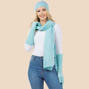 Light Blue Knit Gloves Beanie Hat and Scarf Set Winter Fashion Accessory 3PCS